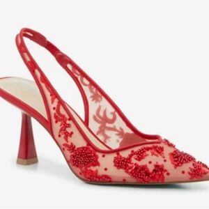 Betsey Johnson red sequin & bead mesh slingbacks 7